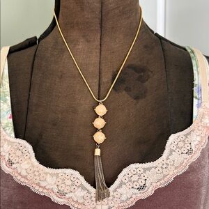 Tassel necklace gold tone plastic stones pretty color shape 
See photos for size